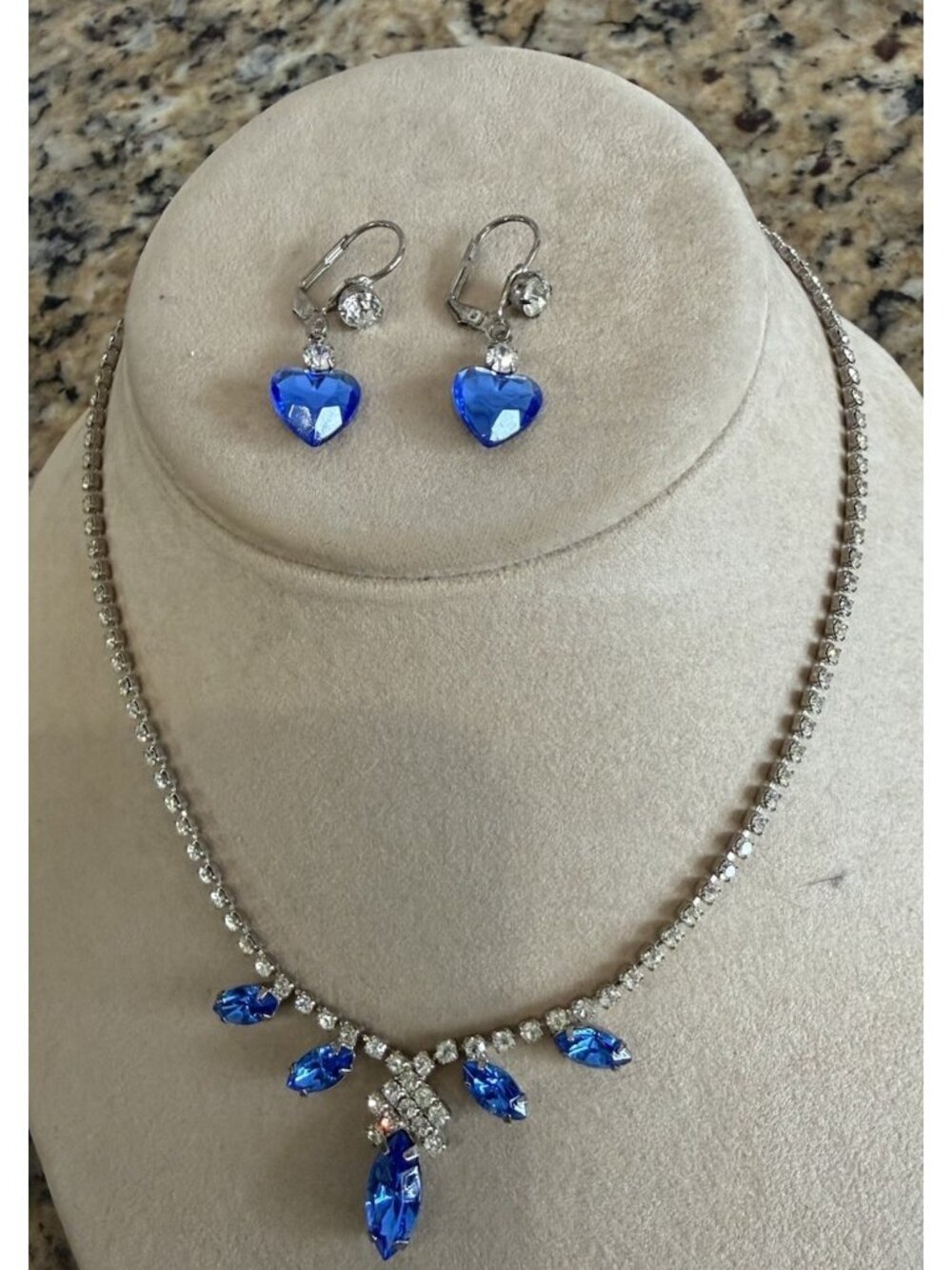 Vintage Sapphire Rhinestone Set Necklace And Earrings
